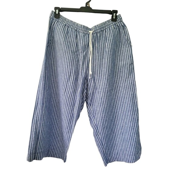 Beachlunchlounge Blue & White Stripe Wide Leg Crop Linen Blend Pants Size Large - Picture 1 of 4